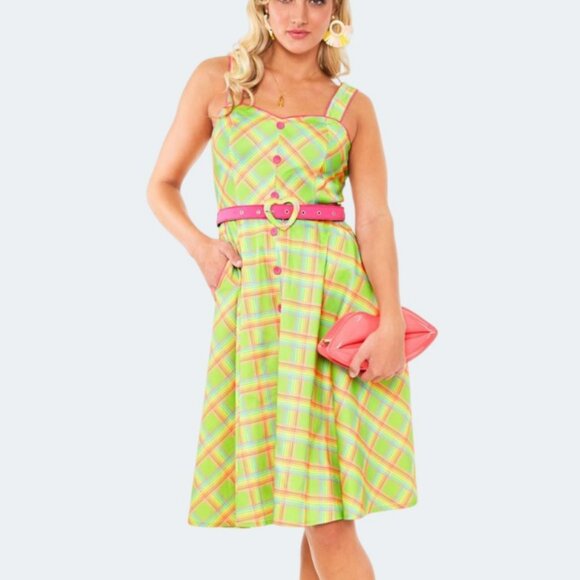 Voodoo Vixen Rainbow Checked Flare Dress Green DRA9339 Belted A-Line Size M NWT - Picture 1 of 13